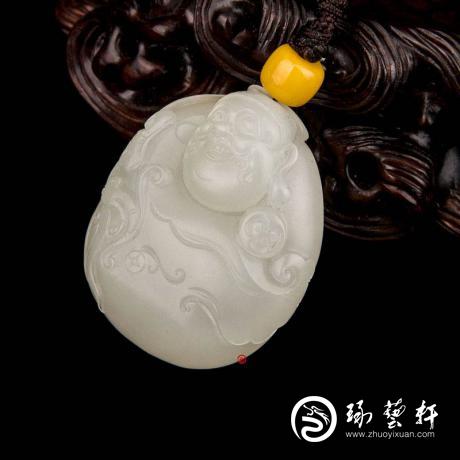【琢藝軒】新疆和田玉白皮白玉籽玉掛件 財(cái)神 26克