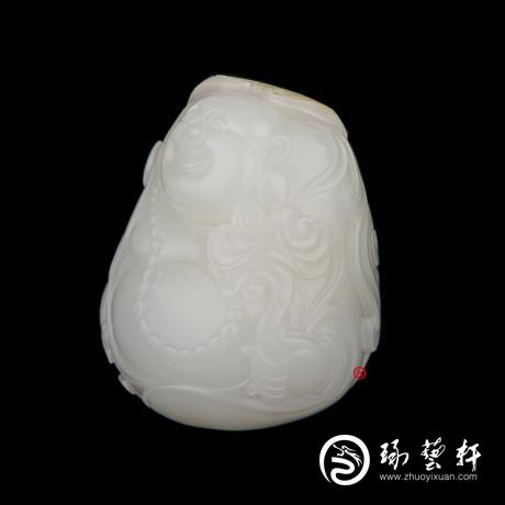 【琢藝軒】穆宇靜 新疆和田玉灑金皮一級白玉籽玉把件（獨籽） 彌勒佛 116克
