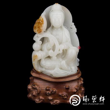 【琢藝軒】新疆和田玉紅皮白玉籽玉擺件   持蓮觀音  510克