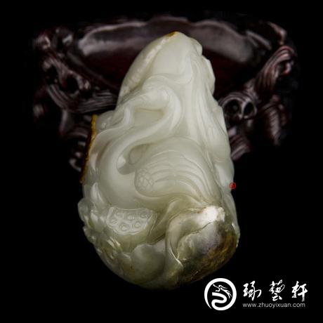 【琢藝軒】新疆和田玉棗紅皮翠青白玉籽玉把件 一路連科 165克