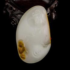 新疆和田玉紅沁羊脂白玉籽玉把件 童子拜觀音(獨(dú)籽） 112克