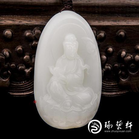 【琢藝軒】新疆和田玉黃皮羊脂白玉籽玉玉牌 觀音 58克
