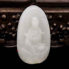 新疆和田玉黃皮羊脂白玉籽玉玉牌 觀音 58克