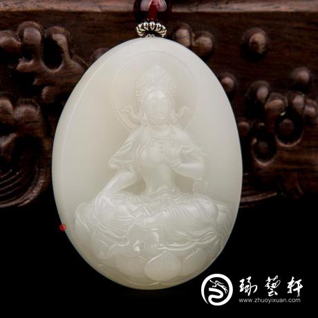 【琢藝軒】穆宇靜 新疆和田玉灑金皮白玉籽玉玉牌 度母 59克