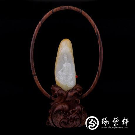 【琢藝軒】穆宇靜 新疆和田玉黃皮一級白玉籽玉擺件 水月觀音 227克