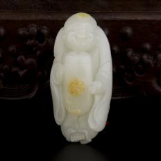 新疆和田玉灑金皮白玉籽玉把件 童子擊鼓 57.9克