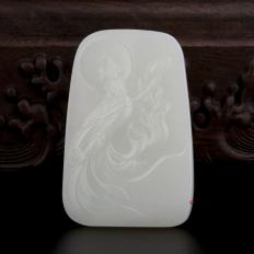 新疆和田玉白皮白玉籽玉玉牌 觀音 62.3克