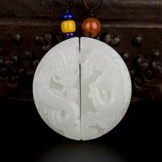 穆宇靜 新疆和田玉黃皮羊脂白玉籽玉掛件（手鐲心） 龍鳳對(duì)牌 111.5克