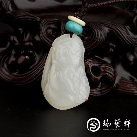 【琢藝軒】新疆和田玉白皮一級(jí)白玉籽玉掛件 十二生肖-猴 13.3克