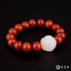 新疆和田玉黃皮一級(jí)白玉籽玉南紅手串 蓮花手串 32克