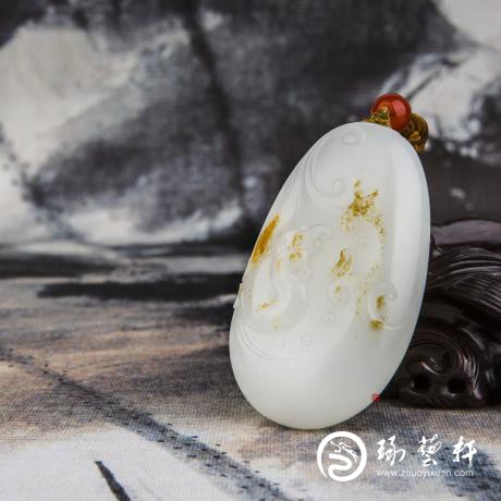 【琢藝軒】穆宇靜新疆和田玉黃皮羊脂白玉籽玉把件 仿古龍 76.2克