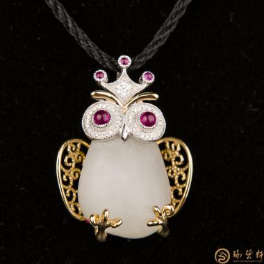 新疆和田籽玉18K金鑲玉掛件 貓頭鷹 15.8克