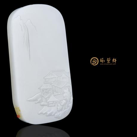 【琢藝軒】新疆和田玉黃皮白玉籽玉玉牌 秋江獨(dú)釣圖 60克